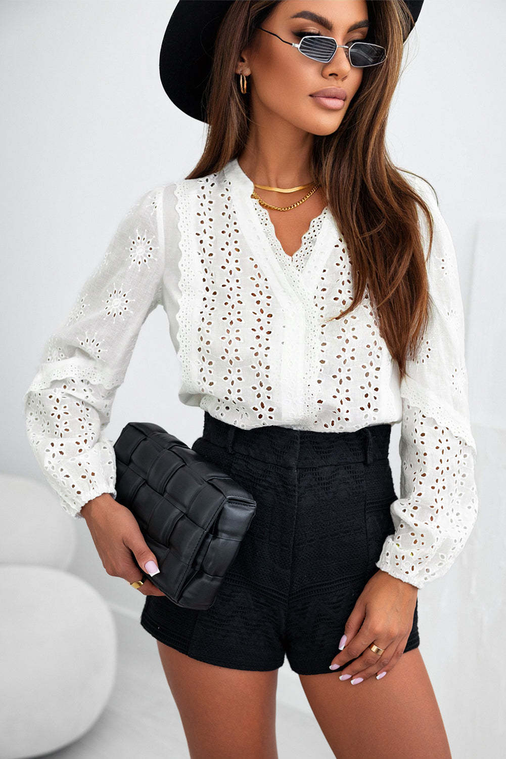 Eyelet Lace Puff Sleeve Split Neck Blouse