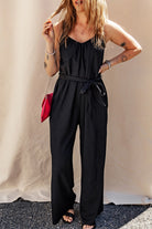 Textured Belted Wide Leg Sleeveless Jumpsuit