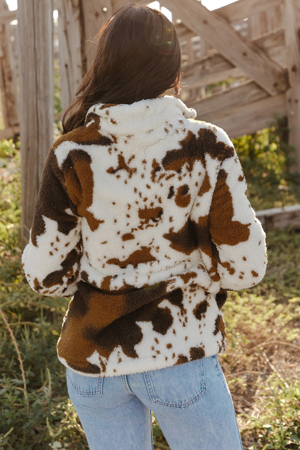 Zip Collar Cow Print Fleece Sweatshirt