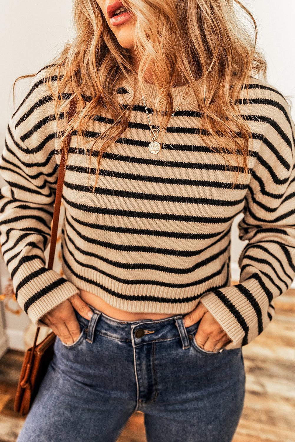 Striped Knit Drop Shoulder Crewneck Cropped Sweater