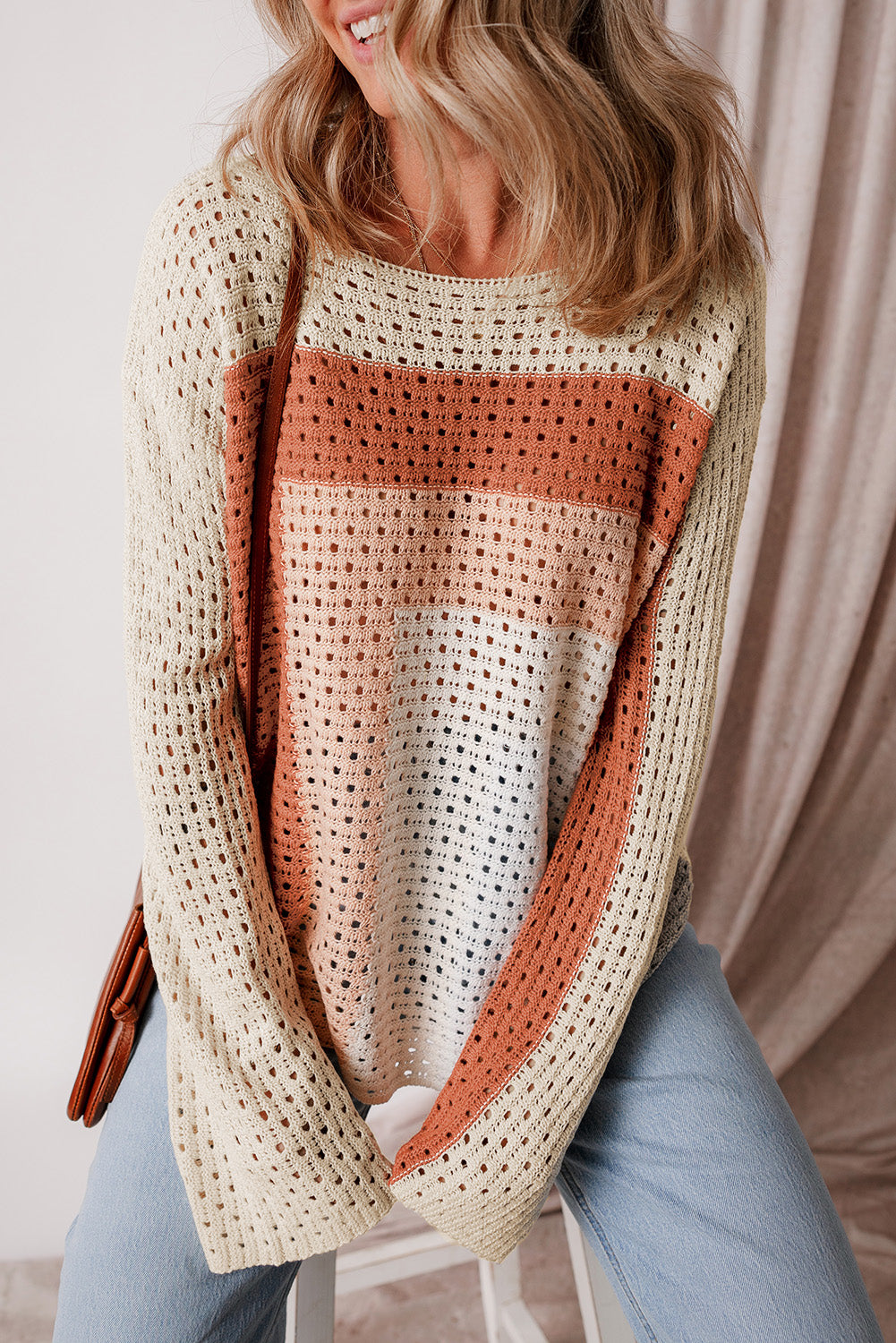 Pointelle Knit Colorblock Baggy Sweater