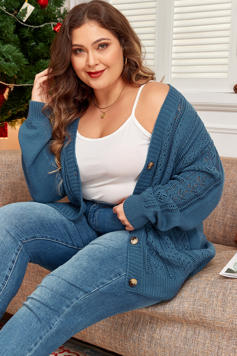 Open Knit V Neck Button Front Drop Shoulder Plus Size Cardigan