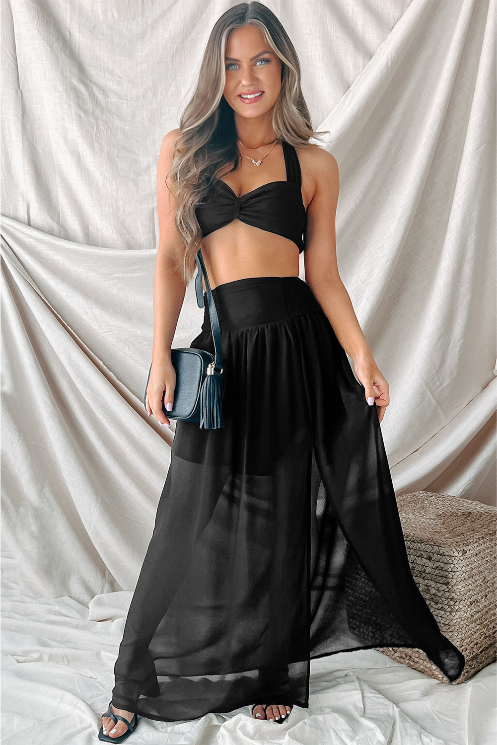 Shirred High Waist Chiffon Split Beach Maxi Skirt