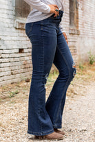 Dark Washed Distressed Flare Bottom Jeans