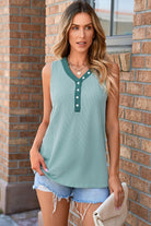 Buttoned Contrast V Neck Textured Tank Top