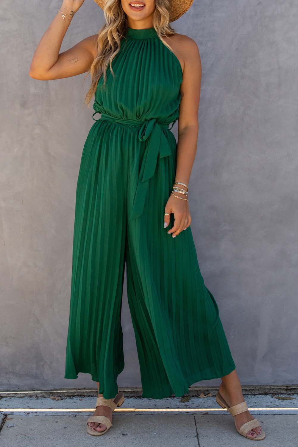 Green Halter Neck Pleated Wide Leg Jumpsuit with Belt