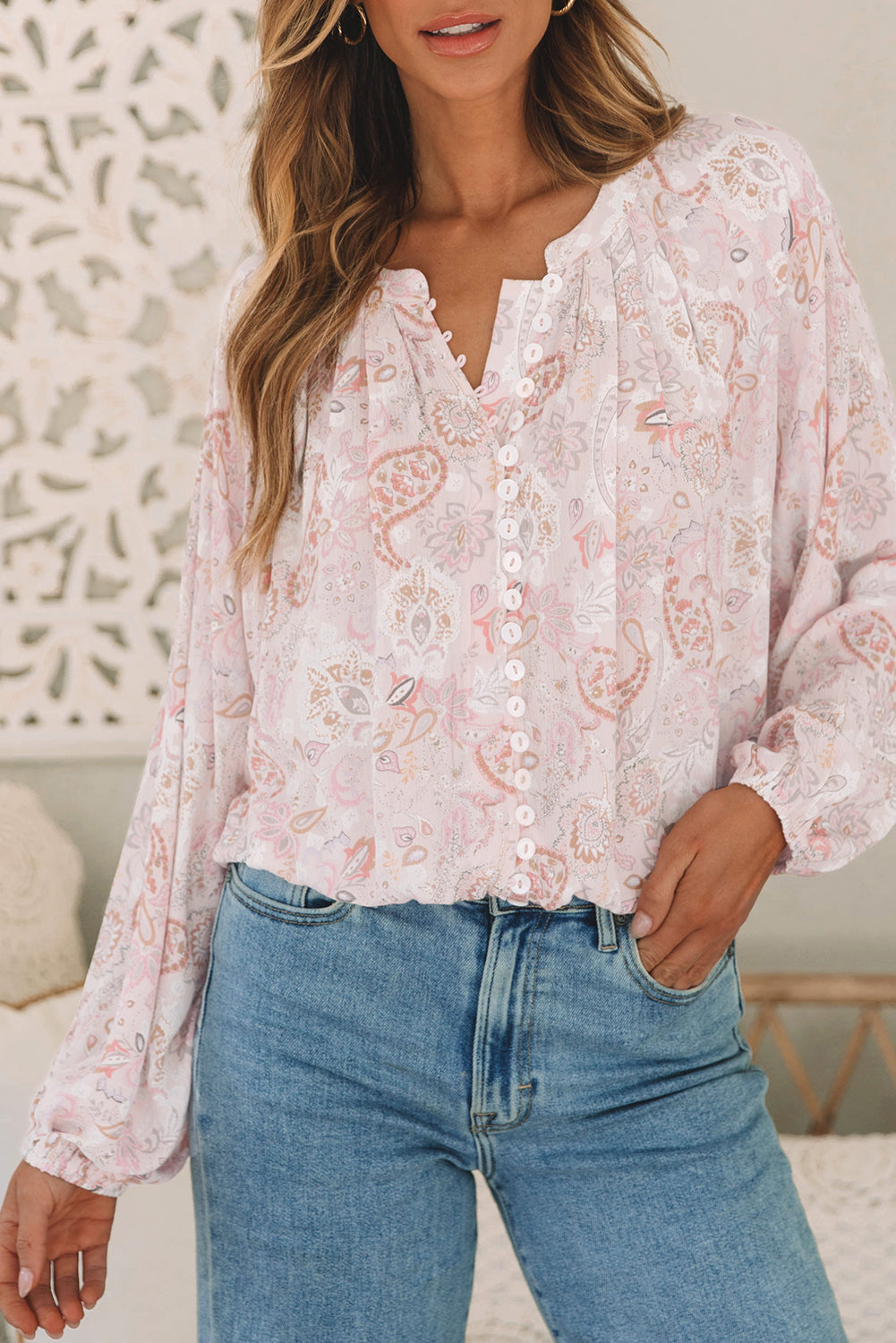 Paisley Print Buttons Bubble Sleeve Blouse