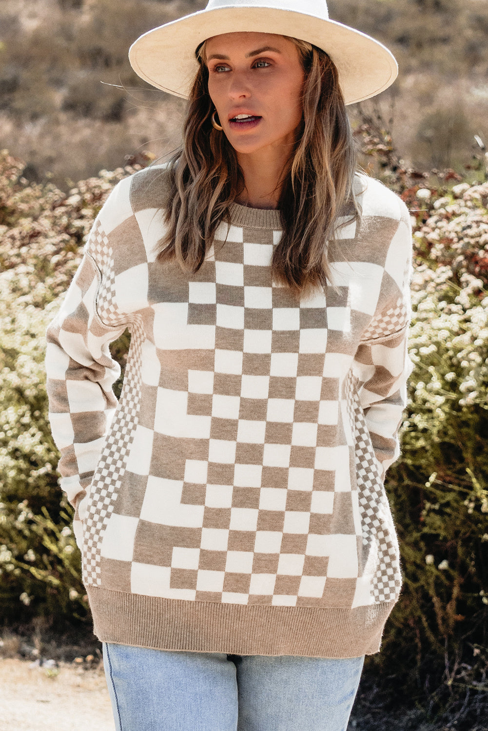 Checkered Print Drop Shoulder Round Neck Sweater