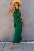 Green Halter Neck Pleated Wide Leg Jumpsuit with Belt