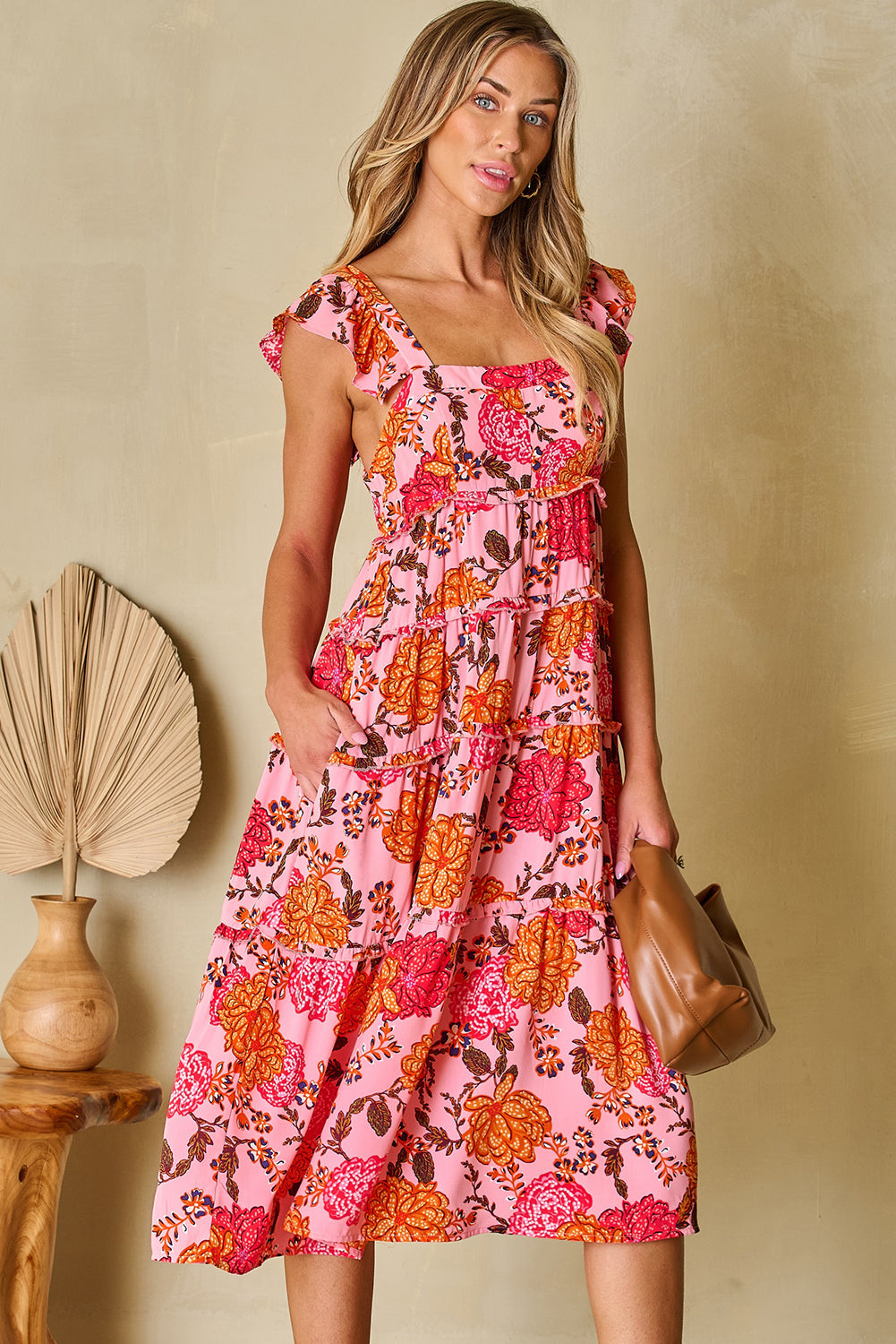 Floral Square Neck Ruffled Flutter Sleeve Tiered Midi Dress