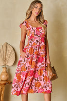 Floral Square Neck Ruffled Flutter Sleeve Tiered Midi Dress