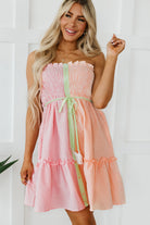 Color Block Smocked Button Front Frilled Strapless Mini Dress