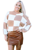 Checkered Ribbed Knit Puff Sleeve Sweater