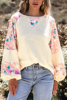 Textured Floral Patchwork Balloon Sleeve Blouse