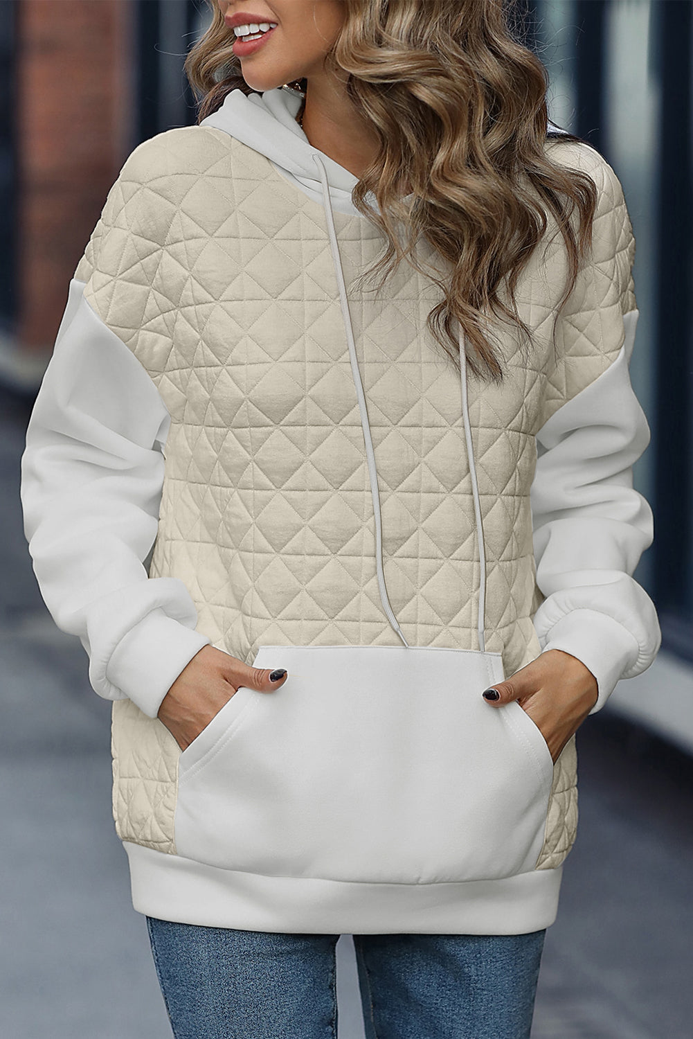 Drop Shoulder Quilted Patchwork Kangaroo Pocket Hoodie