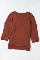 Solid Color Textured Crew Neck Loose Sweater