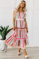 Rainbow Stripe Ruffles Ruched Tiered Dress