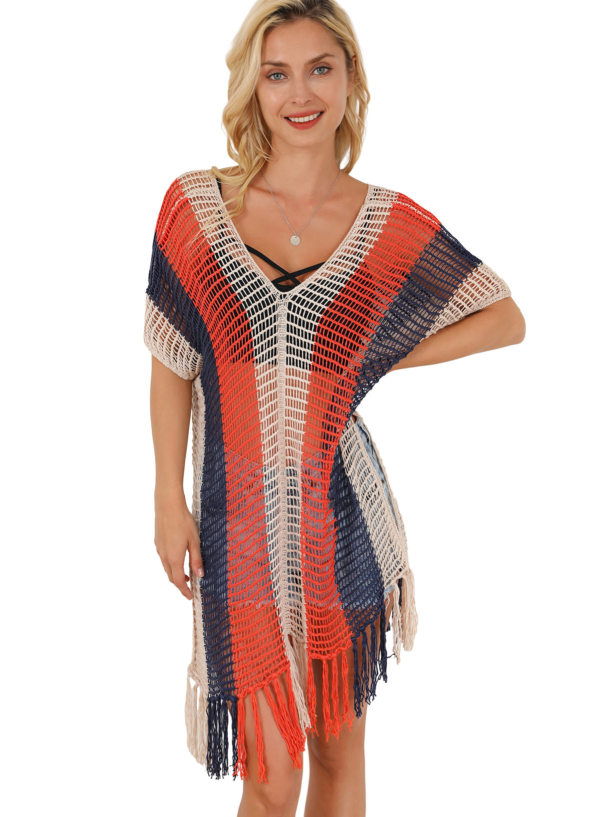 Striped Tassel Crochet V Neck Beach Cover Up