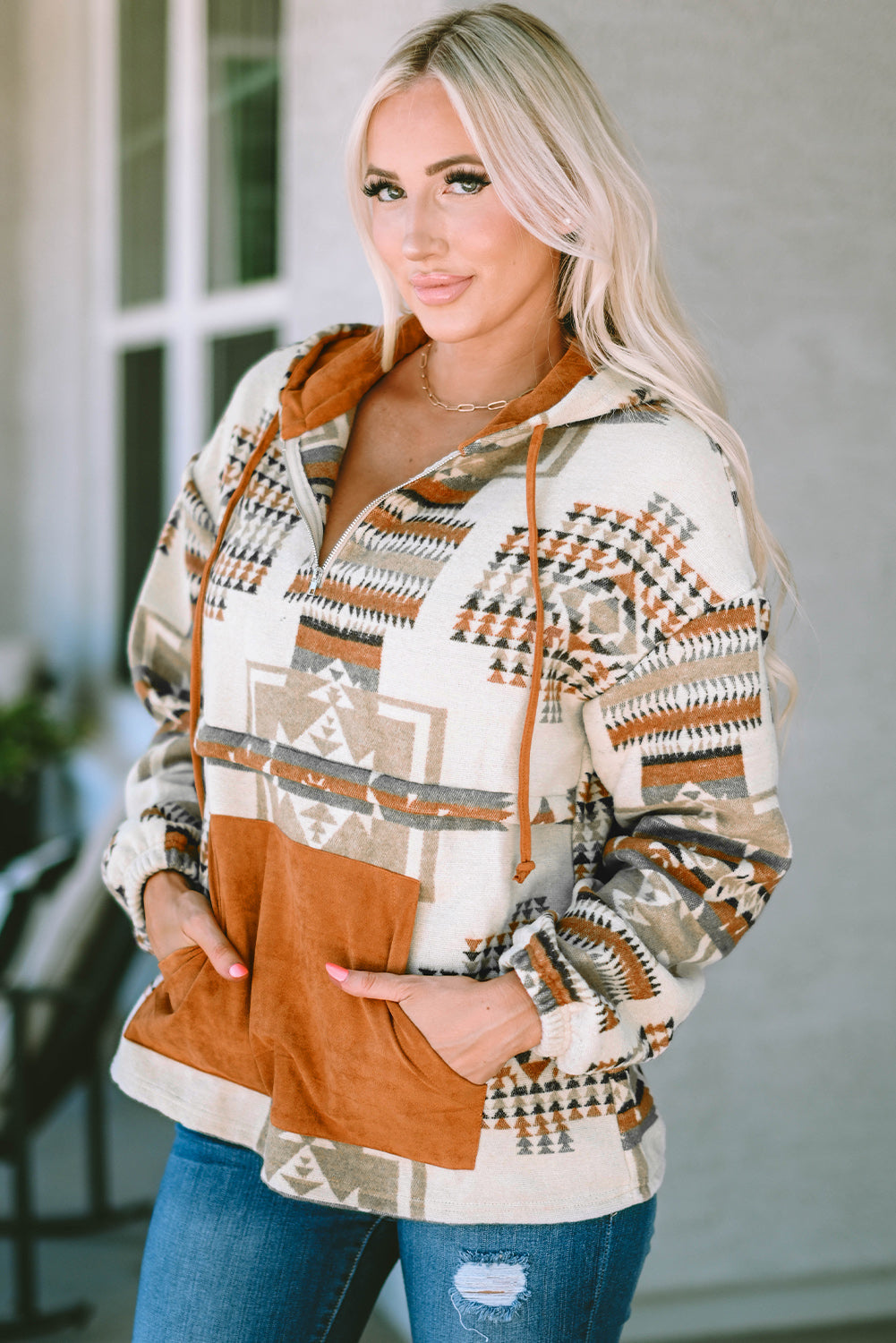 Aztec Print Kangaroo Pocket Half-Zip Hoodie