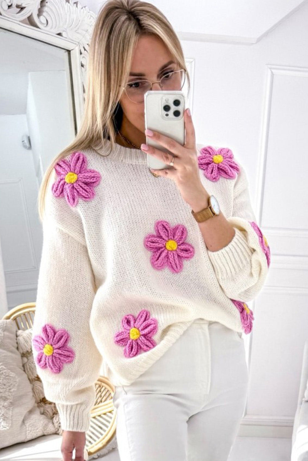 Plus Size Flower Crochet Drop Shoulder Knit Sweater