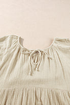 Crinkle Embroidered Patched Bubble Sleeve Tied Neck Blouse