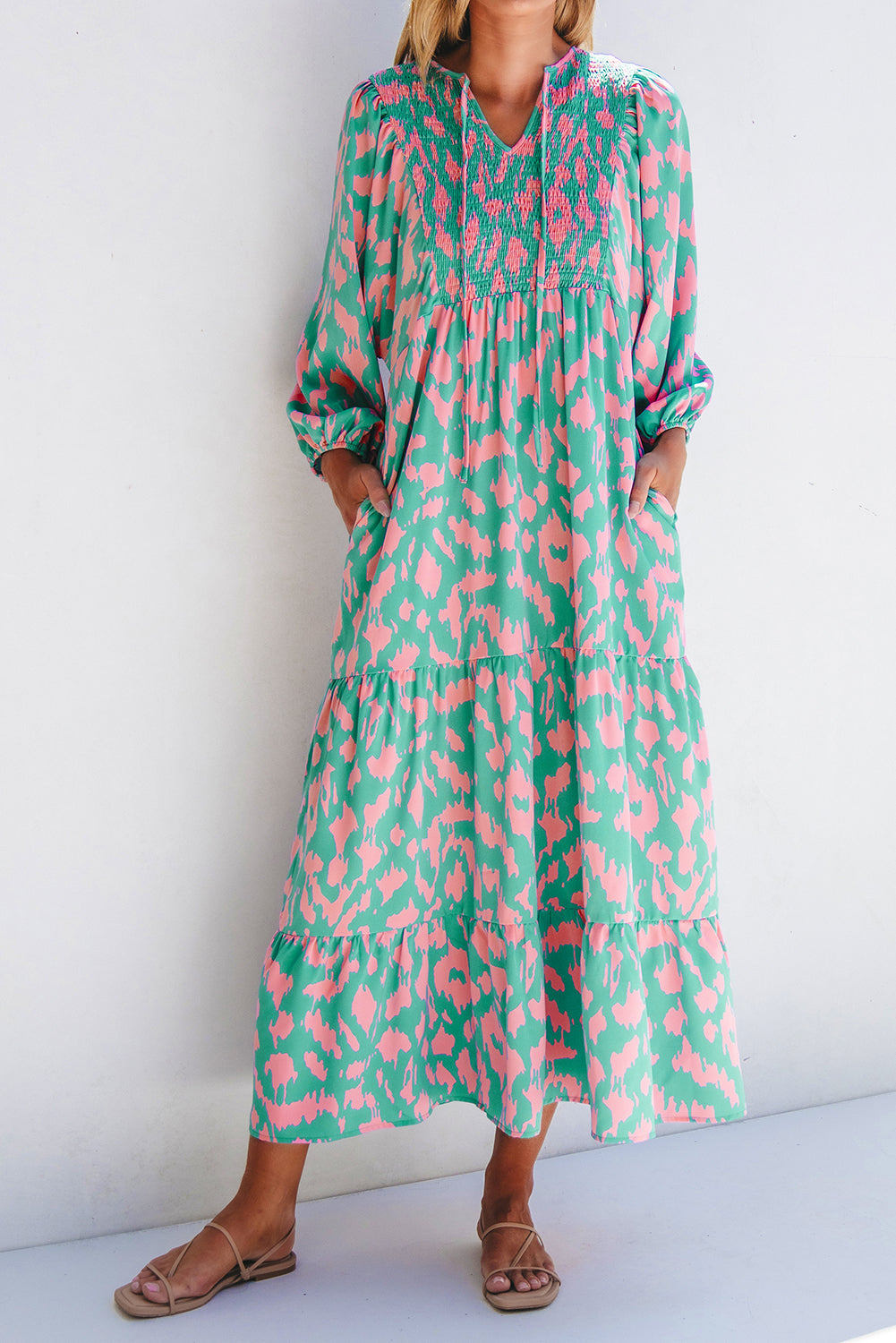 Abstract Print Puff Sleeve Tied Notched Neck Long Dress