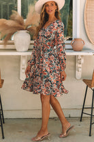 Geometric Print Long Sleeve Surplice Flowy Dress