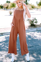 Textured Buttoned Straps Ruched Wide Leg Jumpsuit