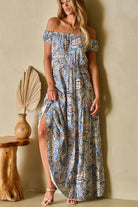 Blue Boho Paisley Print Off Shoulder Maxi Dress