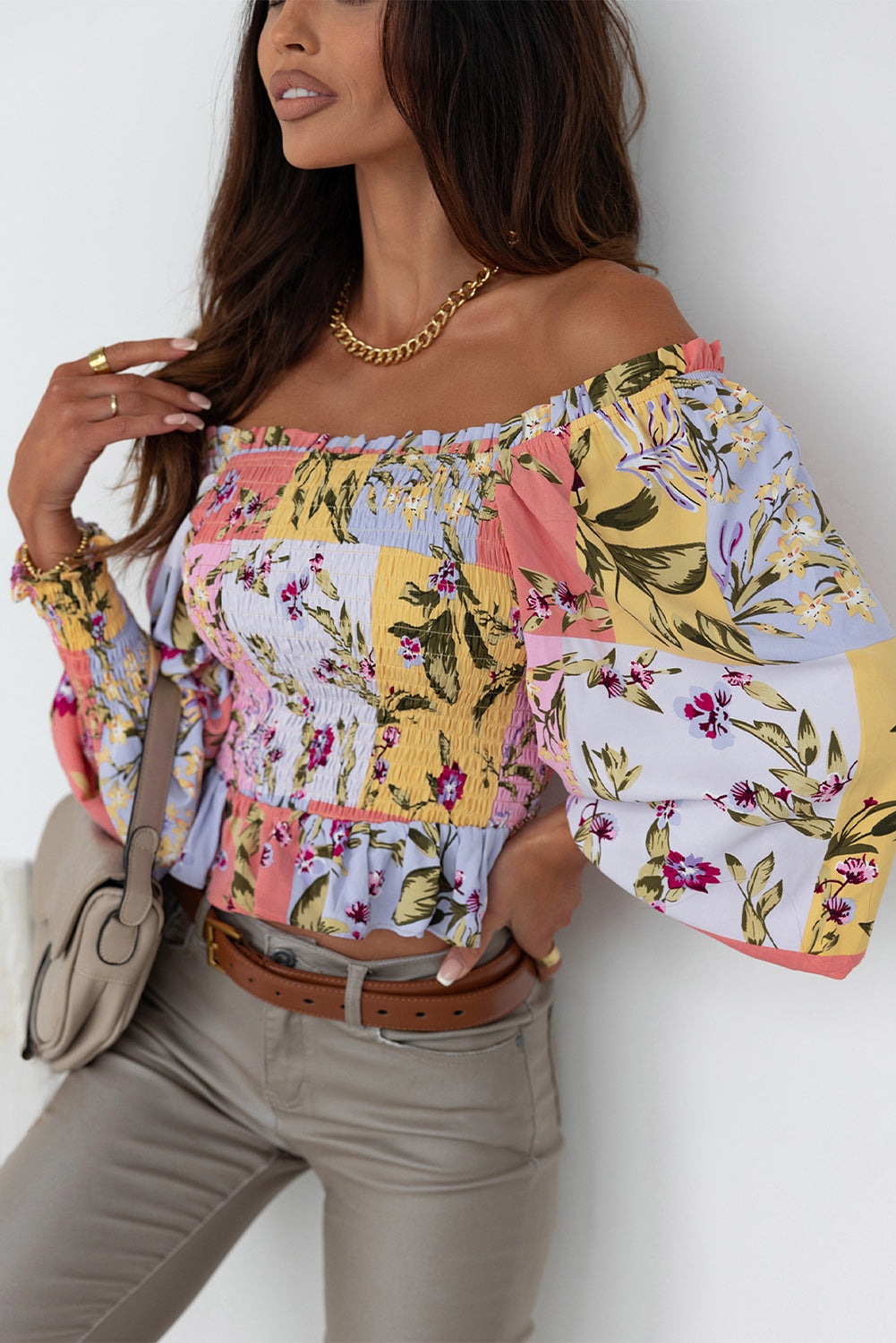 Smocked Floral Frilled Trim Square Neck Blouse