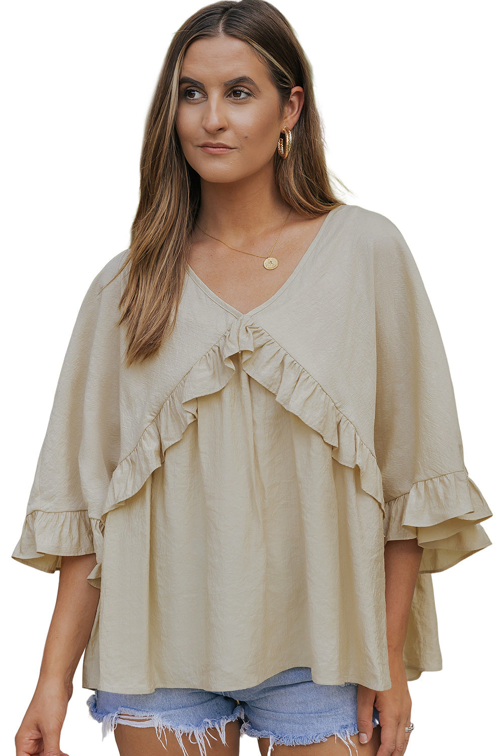 V Neck Draped Batwing Sleeve Ruffle Blouse