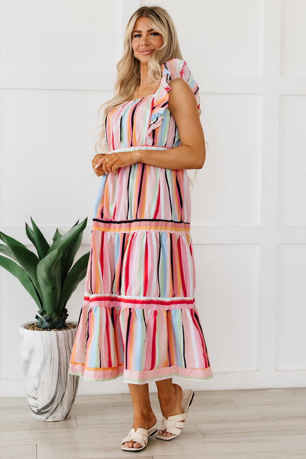 Rainbow Stripe Ruffles Ruched Tiered Dress