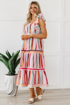 Rainbow Stripe Ruffles Ruched Tiered Dress