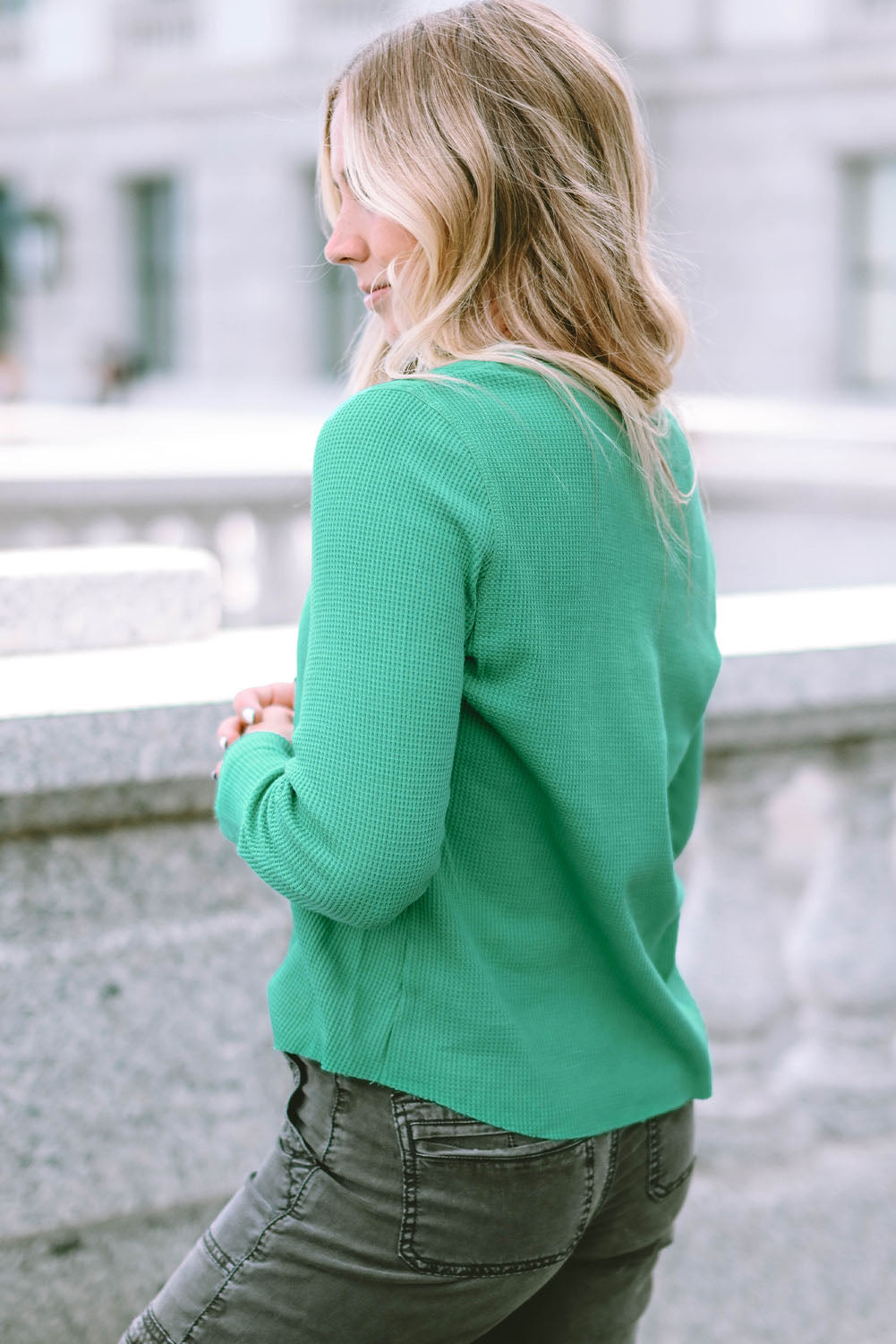 Trimmed Neckline Waffle Knit Henley Top