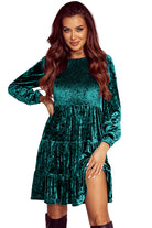 Velvet Smocked Puff Sleeve Ruffle Mini Dress