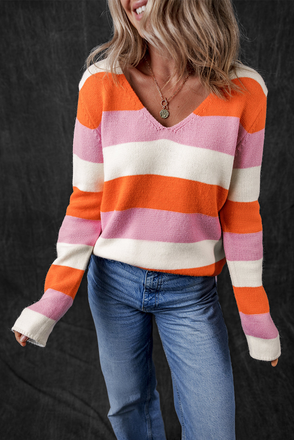 Colorblock V Neck Casual Sweater