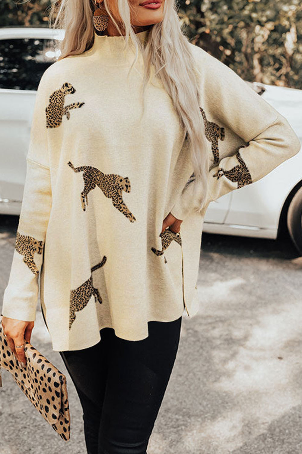 Lively Cheetah Print High Neck Split Hem Sweater