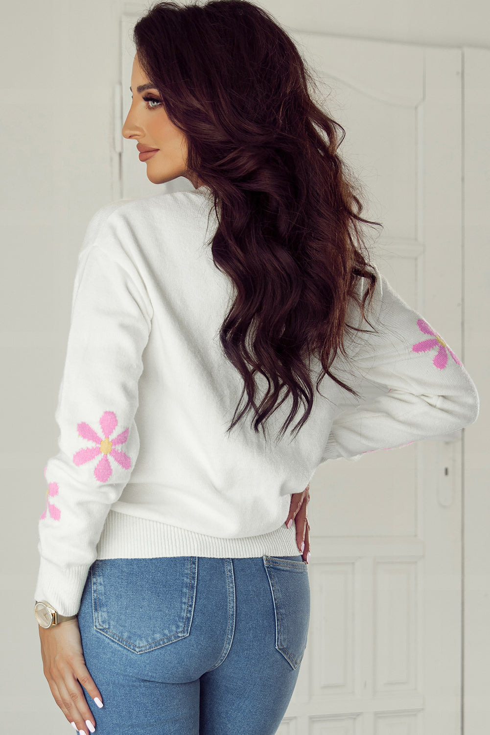 Flower Pattern Ribbed Edge Elegant Sweater