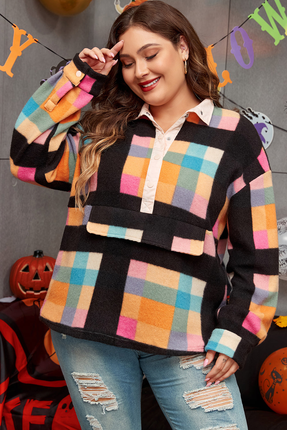 Plus Size Checkered Print Sherpa Henley Sweatshirt