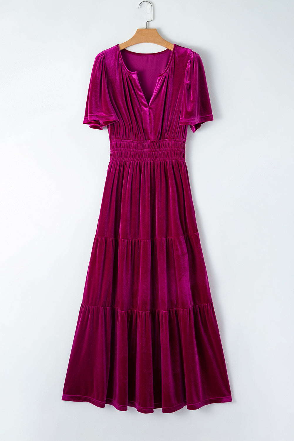 Velvet Short Sleeve Shirred Waist Tiered Maxi Dress