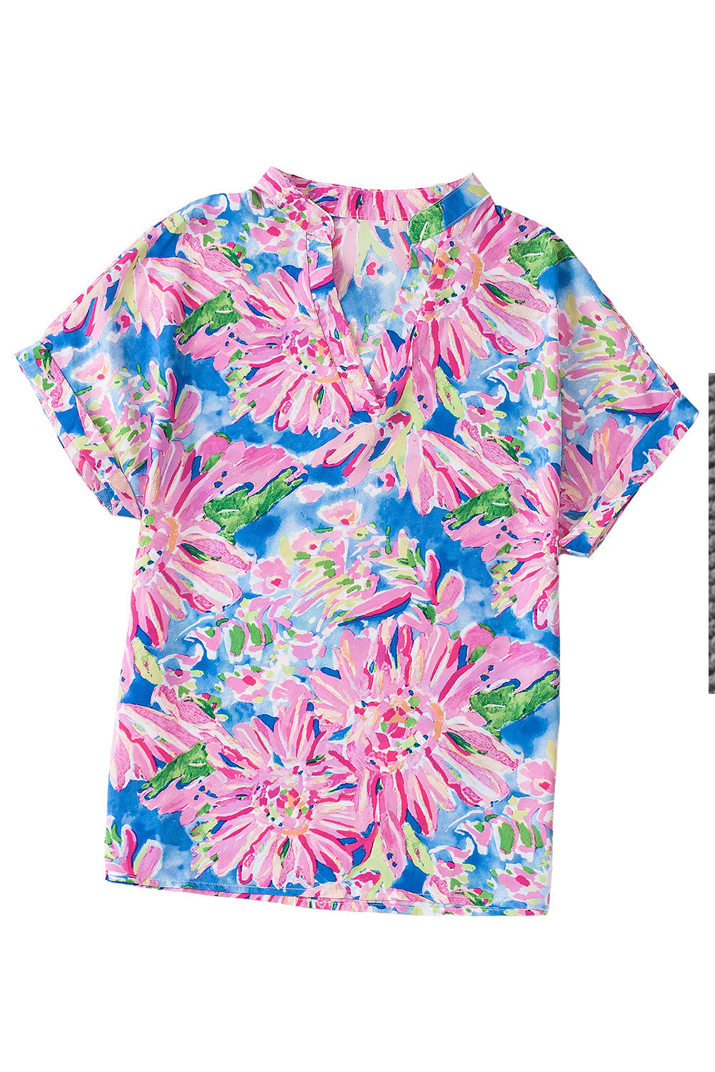 Abstract Floral Print Notch V Neck Rolled Short Sleeve Blouse