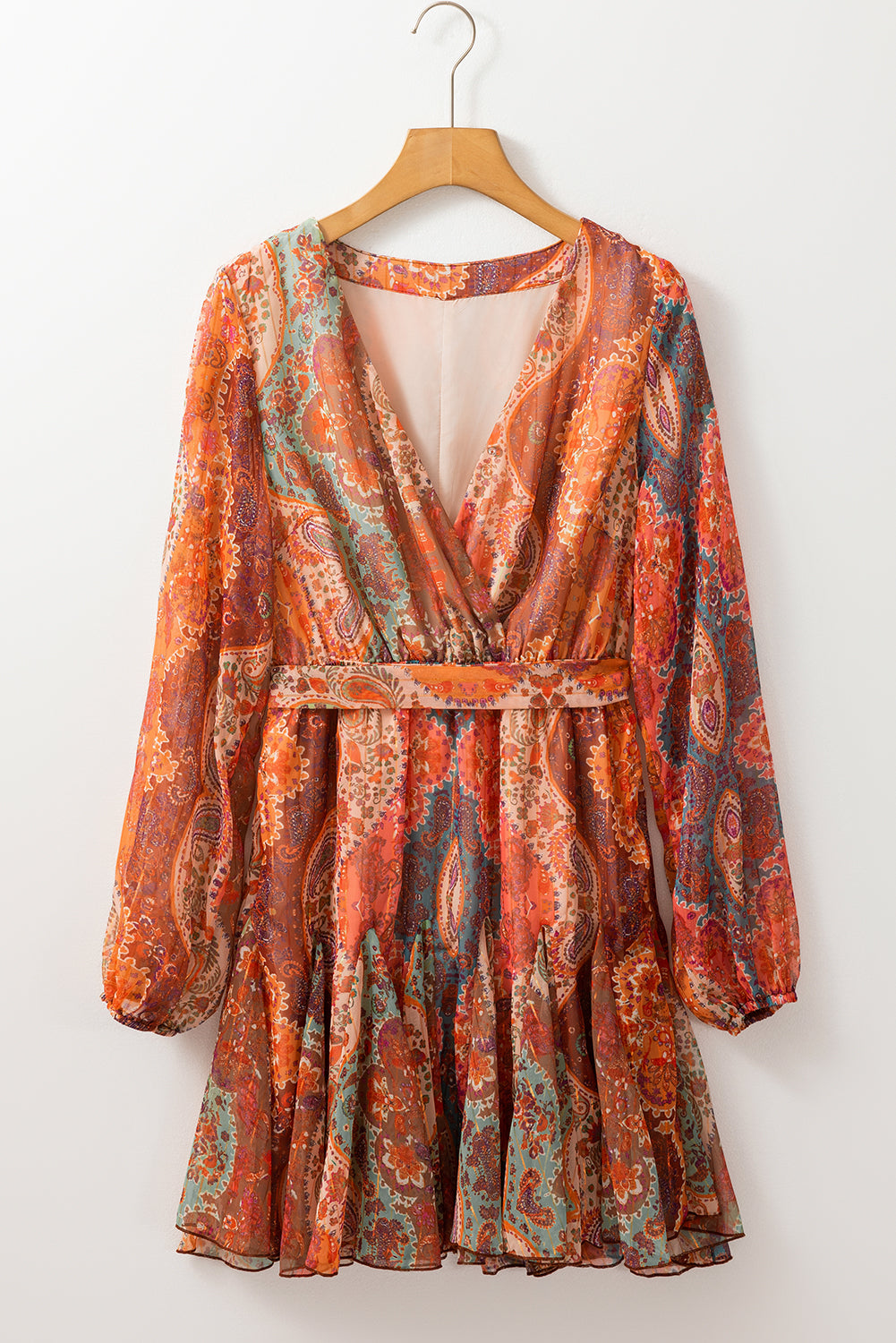 Boho Paisley Print Long Sleeve Pleated Belted Mini Dress