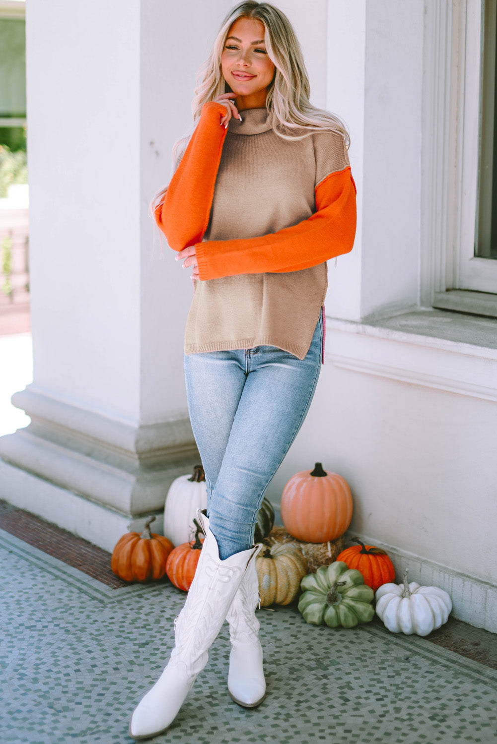 Color Block Turtle Neck Drop Shoulder Knit Sweater