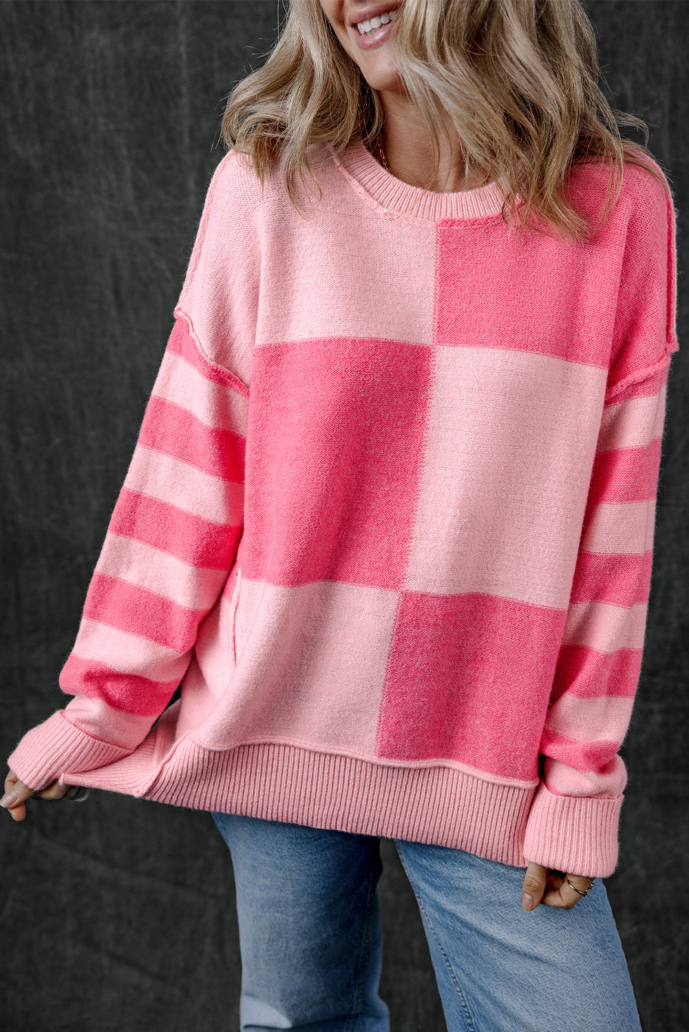 Checkered Colorblock Striped High Low Loose Sweater