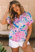 Abstract Floral Print Notch V Neck Rolled Short Sleeve Blouse