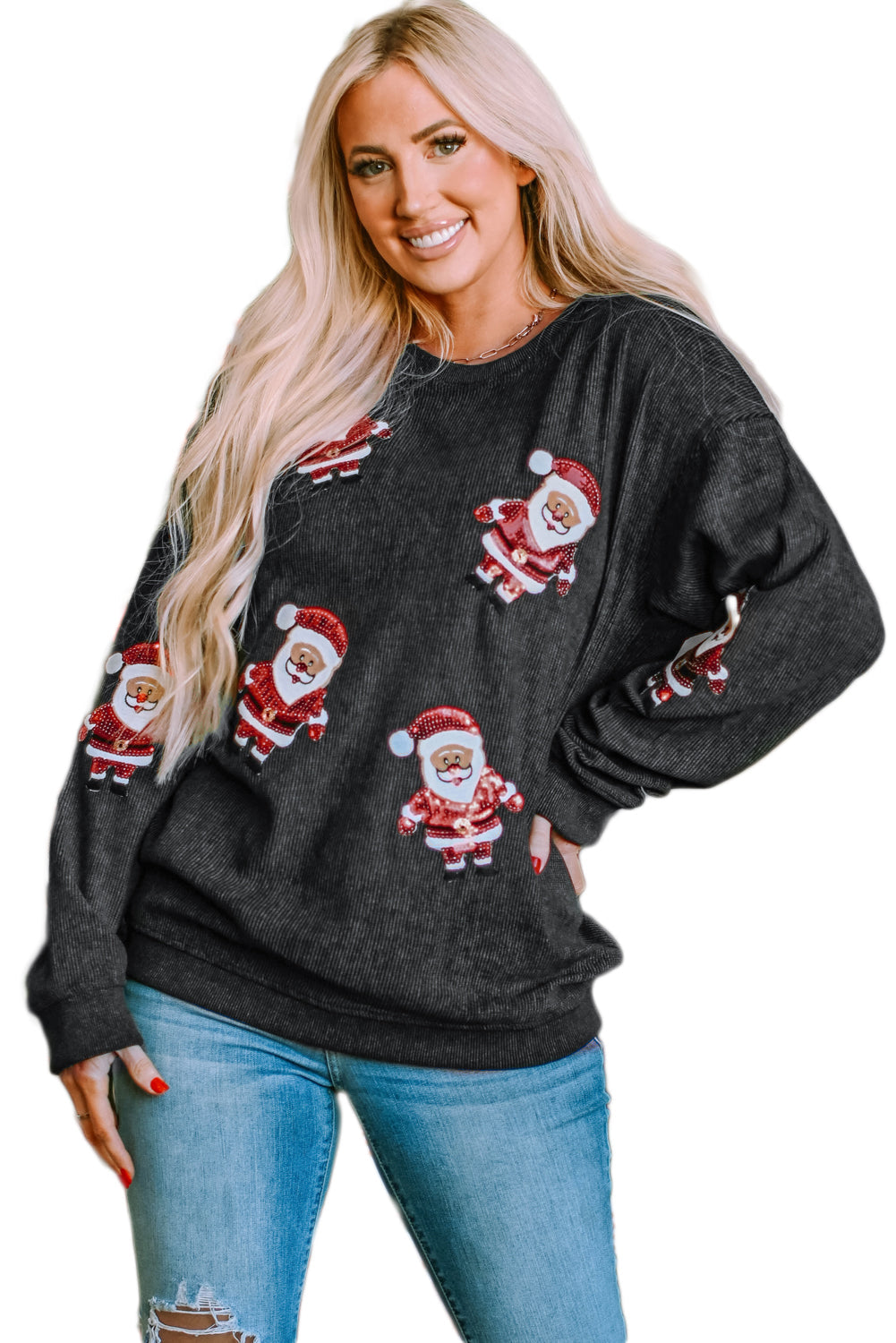 Sequined Santa Claus Graphic Corded Sweatshirt