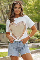 White Valentine's Day Sequined Heart Crew Neck Short Sleeve Top