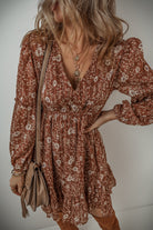 Boho Floral Ruffled Puff Sleeve V Neck Mini Dress