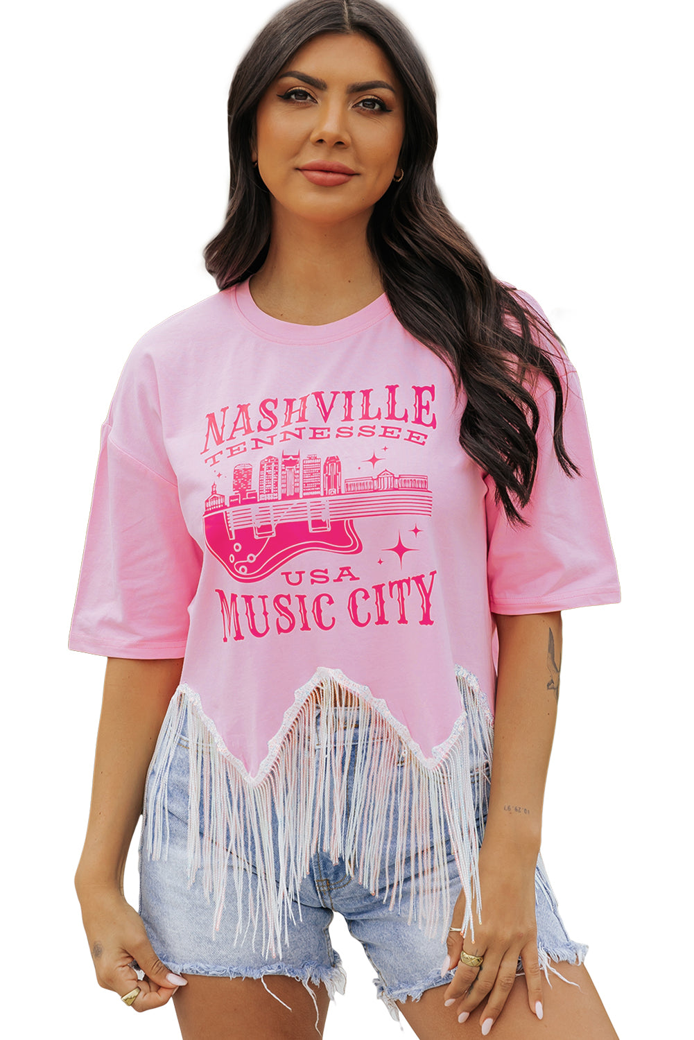 NASHVILE MUSIC CITY Graphic Sequin Fringed Hem Tee