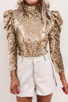 Sequin Mock Neck Bubble Sleeve Top